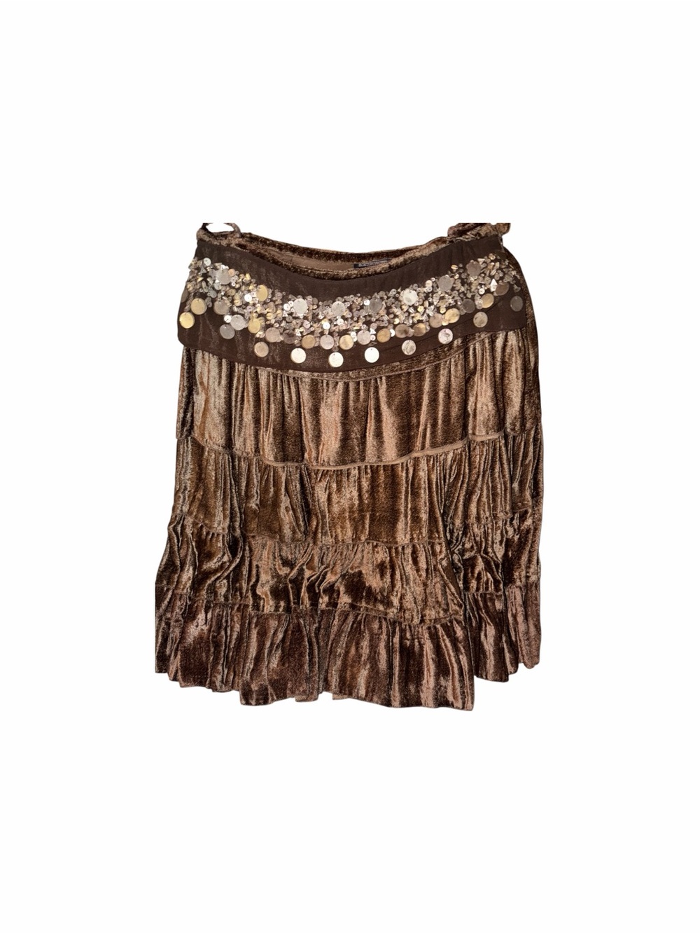 Brown Velvet Tiered Skirt with Sequin-Embellished Waist. ( Boston Proper )